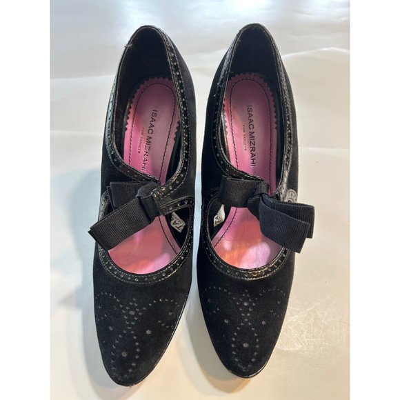 Women's Vintage 1980's Bruno Magli Black Gold Suede Heels Size 8M Peep Toe - Picture 2 of 10